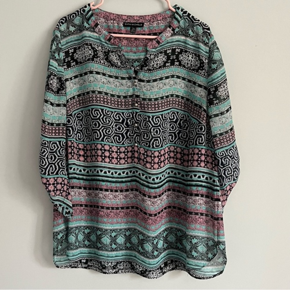 Sara Michelle Turquoise and Pink Abstract Spring Print V Neck Sheer Blouse